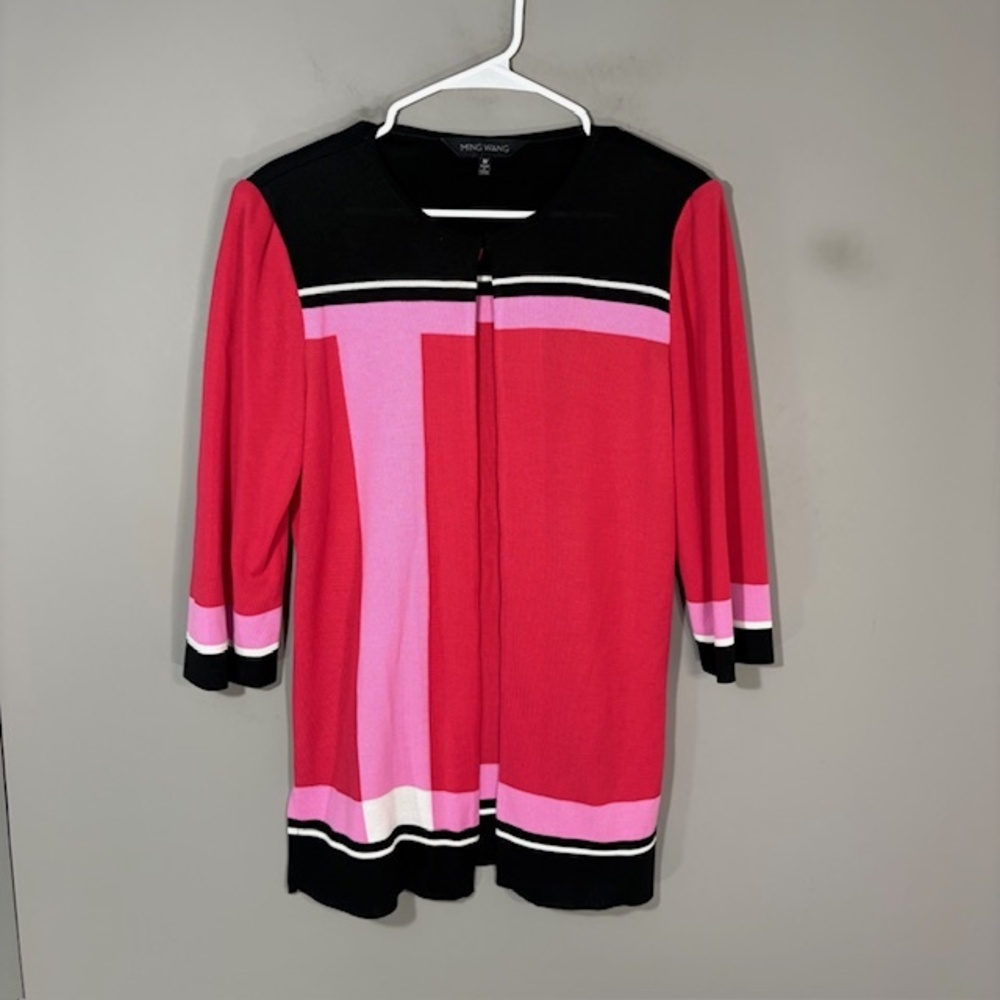 Ming Wang Cardigan Sweater Womens M Multicolor Colorblock 3/4 Sleeve Knit Open